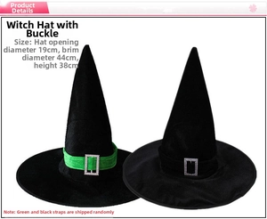 Detailed size chart of a black velvet witch hat showing height 38cm and brim 44cm