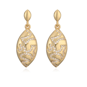 Elegant gold plated teardrop earrings with shimmering zircon pavé on white background