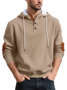 Detail of waffle knit fabric and three-button neckline on men hoodie with elbow patches