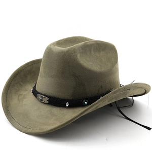 Chapeau de cowboy western en daim vert armée avec ruban tressé ethnique et perles turquoises