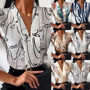 Sleeveless V-Neck Blouse Women Satin Polyester Abstract Printed Summer Casual Office Elegant Pullover Top
