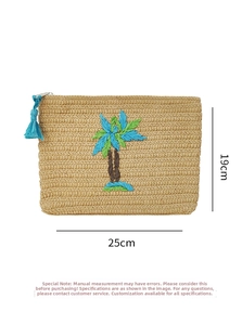 Detail of woven straw clutch with palm tree embroidery and blue tassel, 25cm by 19cm