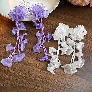 Elegant chiffon flower tassel earrings with beads for a sweet beach holiday look