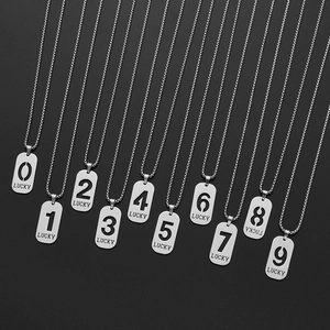 Set of ten stainless steel long necklaces with lucky number pendants 0-9 in silver finish