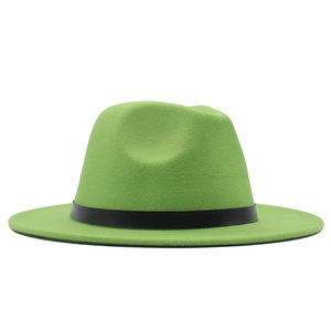 Detailed close-up of green wool felt fedora with a black leather decorative belt strap