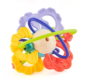 Macro detail of sensory baby teether ball showing molded numbers and star textures