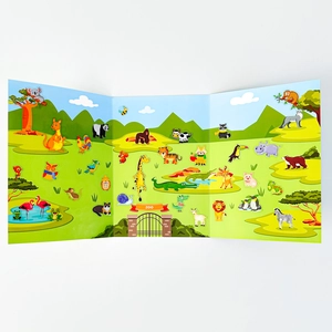 Three-fold colorful zoo theme sticker book with over 30 cartoon animal patterns for kids
