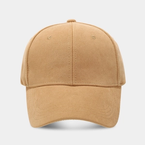 Detail view of khaki cotton twill baseball cap showing six-panel stitch and curved brim