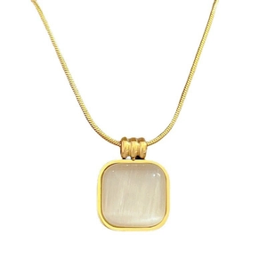 Gold titanium steel snake chain necklace with square cat eye stone pendant for women