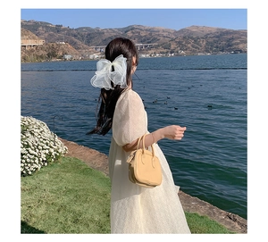 Detail of white mesh ribbon bow hair clip worn by a girl outdoors near a scenic lake