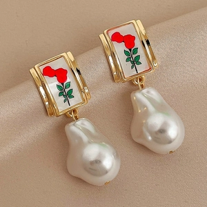 Rose Flower Artificial Baroque Pearl Drop Earrings With 925 Sterling Silver Earring Post Vintage French Style Alloy For Women