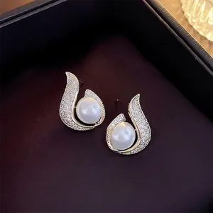 French style gold plated drop earrings with white pearls and sparkling cubic zirconia