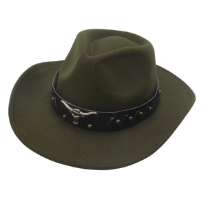 Western Cowboy Hat Vintage Felt Fedora With Metallic Bull Head And Rivet Band Wide Brim Ethnic Style Men Women