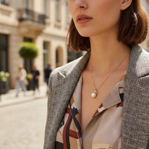 Close-up of a crown pendant with colorful stones and a white pearl on a gold chain