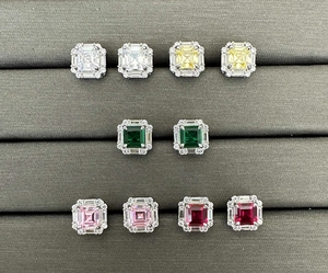 Macro shot of assorted Asscher cut cubic zirconia stud earrings set in S925 silver