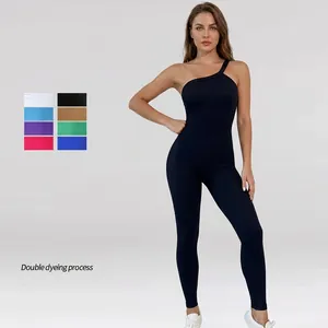 One Shoulder Women Yoga Jumpsuit Seamless Ribbed Knit Nylon Spandex Breathable Slim Fit Athletic Bodysuit