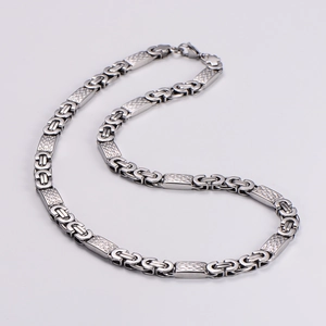 Detailed view of silver stainless steel hip hop chain with textured rectangular links