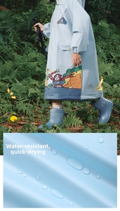 Detail showing water-repellent EVA fabric of children's raincoat with cartoon prints