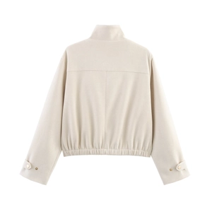 Vue arrière d'une veste courte minimaliste en daim crème avec un col à revers classique