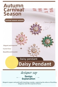 Macro shot of colorful daisy pendants with cubic zirconia and gold-plated clasp details