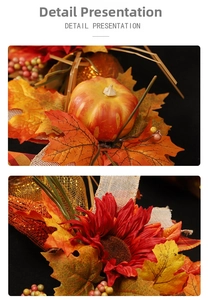 Dettaglio di zucca artificiale, foglie d'acero e girasole per decorazioni autunnali