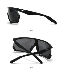 Side and back view of matte black oversized vintage wrap-around sports sunglasses