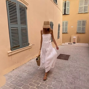 White minimalist spaghetti strap maxi dress with pleated texture for summer vacation