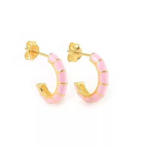 Pink enamel C-shaped hoop earrings with gold finish, minimalist geometric fashion style
