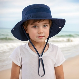 Kids outdoor sun hat in navy blue with breathable mesh and adjustable chin strap