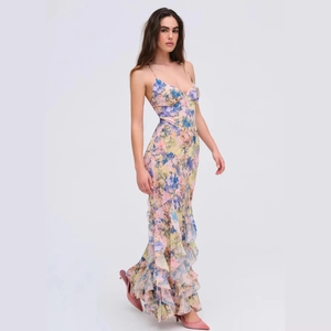 Floral Maxi Dress Women Polyester Chiffon Spaghetti Strap V Neck Ruffle Hem Backless Cross Strap Vacation Sexy Summer