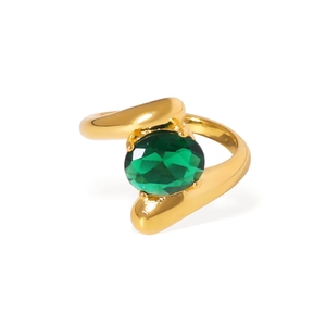 Elegant gold wavy stainless steel ring featuring a central oval green zircon gemstone