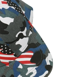 Detail of camouflage fishing hat featuring stars and stripes patterns with precision stitching