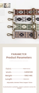 Detail of adjustable nylon canvas bag straps with bronze hardware and striped patterns