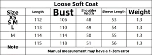 Detailed size chart for loose soft wool blend coat with measurements in centimeters