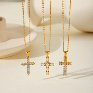 Cross Pendant Necklace Stainless Steel Zircon Inlaid Gold Plated Elegant Fashion Jewelry For Women