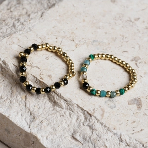 Handmade beaded natural stone ring with gold metal beads and colorful mineral accents