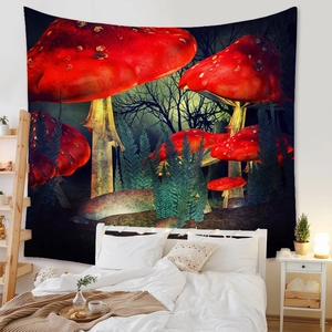 Bedroom wall decor featuring a mushroom tapestry with fantasy forest and ferns