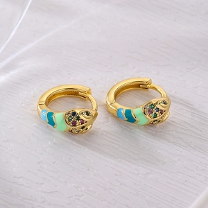Mini snake earrings in 18K gold-plated copper with colorful zircon and blue enamel