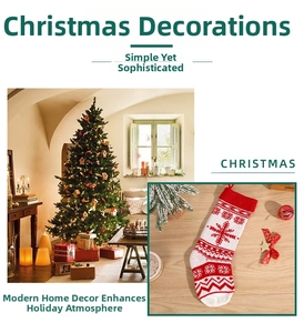 Detail view of knitted Christmas stocking with snowflake patterns for festive home decor