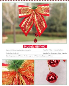 Detailed view of red velvet Christmas bows with gold bells and sizing specifications