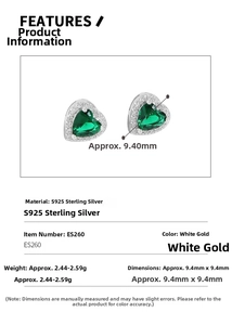Detailed view of S925 sterling silver heart stud earrings with green zircon and dimensions