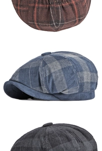 Detailed comparison of brown, blue and gray checkered newsboy caps in corduroy fabric