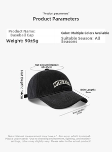 Detail of embroidered COLORADO text on black denim baseball cap with premium texture