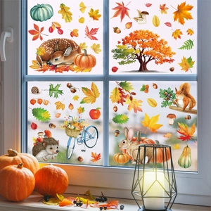 Autocollants de fenêtre d'automne avec écureuils, cerf et feuilles d'érable sur verre