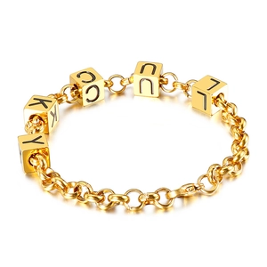 Titanium steel Lucky letter square charm bracelet in gold finish with a minimalist chain