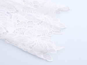 Close-up of white floral lace fabric detail with delicate hollow-out embroidery patterns