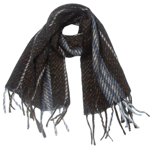 Close-up of knit scarf with colorful speckles, blue stripes and fringe details