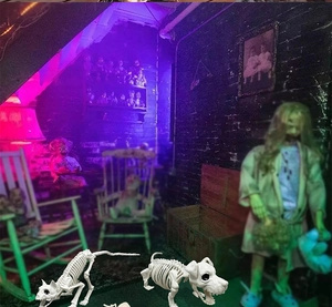 Realistic white plastic skeleton animal decorations with purple ambient lighting