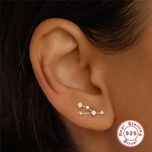 S925 sterling silver zodiac star stud earring with crystals for women on ear