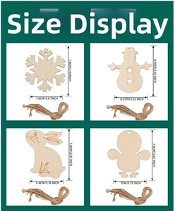 Size guide for wooden Christmas ornaments showing dimensions for snowflake and snowman designs